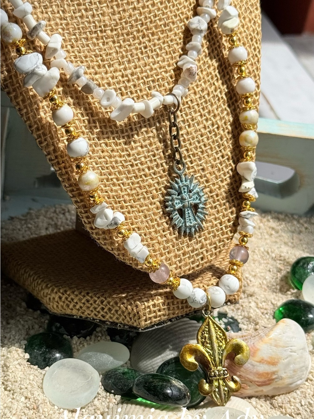 GEMSTONES White and Gold Beaded Necklace with Fleur-de-Lis Pendant